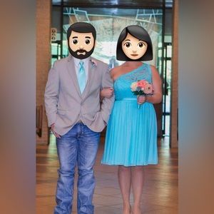 Teal off the shoulder David’s bridal dress